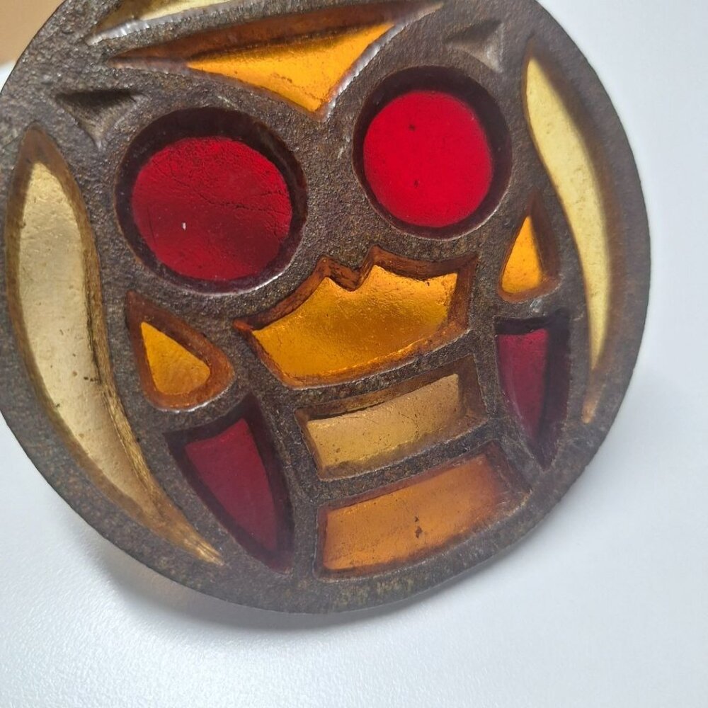 Owl Stained Glass Coaster Metal Vintage Orange Red 3.5 Inches - Picture 2 of 8